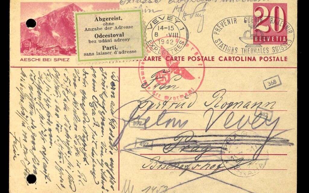 A postcard marked, 'Departed without leaving a forwarding address,' from the family papers of the Hepner and Cahn: families. (Courtesy of the Wiener Holocaust Library Collections)