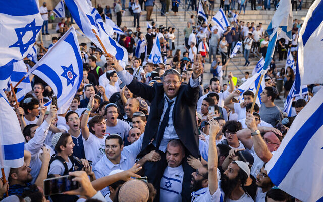 Far-right leader and politician Itamar Ben Gvir during the Flags March on Jerusalem Day at Damascus Gate in Jerusalem's Old City, June 15, 2021 (Olivier Fitoussi/Flash90)