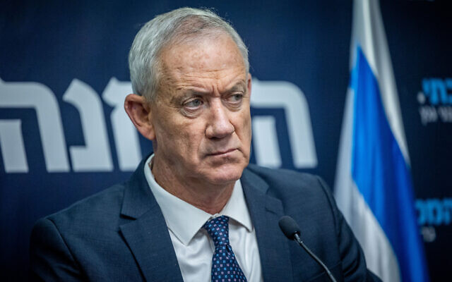 National Unity leader Benny Gantz speaks during a faction meeting at the Knesset on April 19, 2023. (Yonatan SIndel/Flash90)
