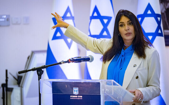 Transportation Minister Miri Regev holds a press conference in Jerusalem, on April 19, 2023. (Yonatan Sindel/Flash90)