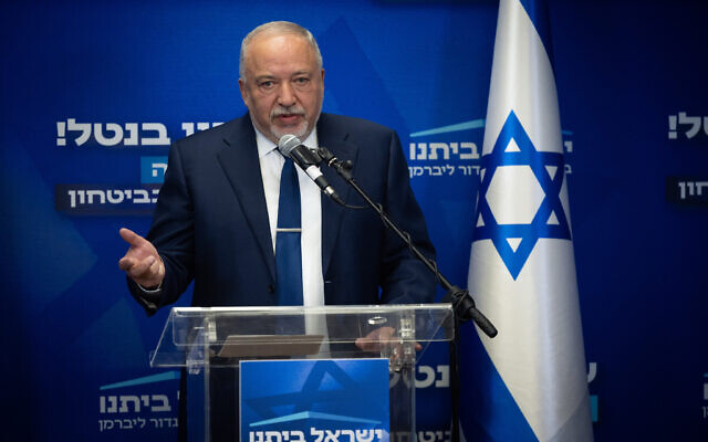 Yisrael Beytenu party chairman Avigdor Liberman speaks during a faction meeting at the Knesset, in Jerusalem, on May 1, 2023. (Yonatan Sindel/Flash90)