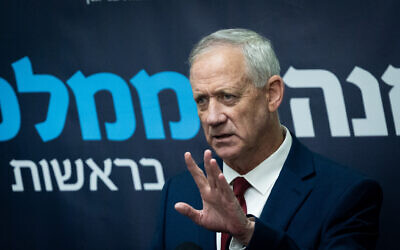Leader of the National Unity Party MK Benny Gantz speaks during a faction meeting of the National Unity Party at the Knesset, on May 1, 2023. (Yonatan SIndel/Flash90 )