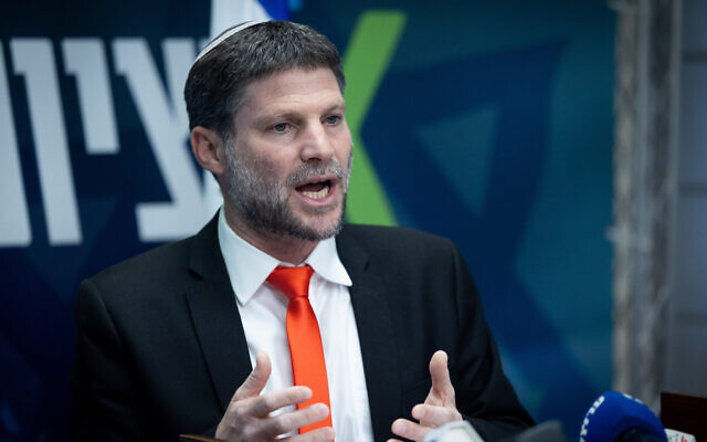 Finance Minister Bezalel Smotrich leads a meeting of his Religious Zionism faction at the Knesset in Jerusalem, May 1, 2023. (Yonatan Sindel/Flash90)