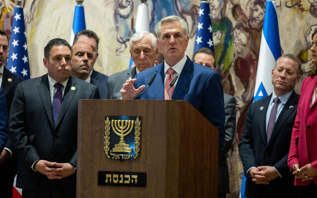 US House Speaker Kevin McCarthy speaks during a press conference at the Knesset on May 1, 2023. (Yonatan Sindel/Flash90)