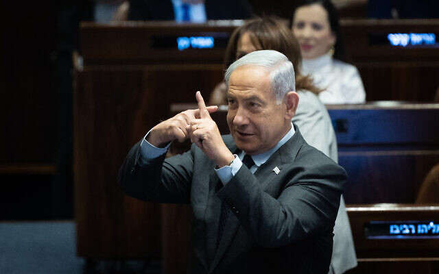 Prime Minister Benjamin Netanyahu attends a '40-signatures' debate at the Knesset on May 1, 2023. (Yonatan Sindel/Flash90)