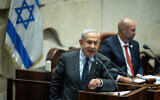 Prime Minister Benjamin Netanyahu speaks during a debate in the Knesset on May 1, 2023. (Yonatan Sindel/Flash90)
