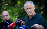 National Unity party chair MK Benny Gantz gives a press statement in the southern town of Sderot, May 3, 2023. (Flash90)