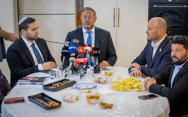 National Security Minister Itamar Ben Gvir and members of his far-right Otzma Yehudit party give a press statement at a home in the southern city of Sderot on May 3, 2023. (Flash90)