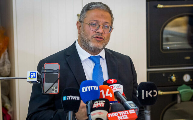 Minister of National Security Itamar Ben Gvir gives a press statement in the southern Israeli city of Sderot, May 3, 2023. (Flash90)