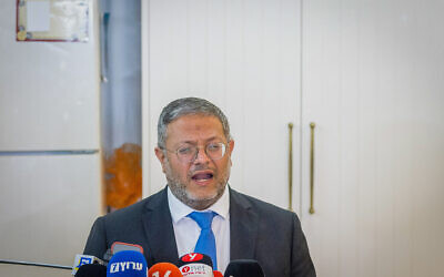 National Security Minsiter, head of the Otzma Yehudit political party, Itamar Ben Gvir gives a press statement during a party meeting in the southern Israeli city of Sderot, May 3, 2023. (Flash90)