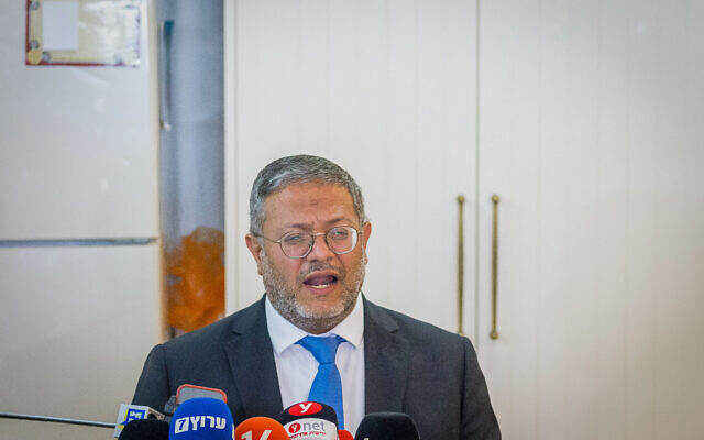National Security Minsiter, head of the Otzma Yehudit political party, Itamar Ben Gvir gives a press statement during a party meeting in the southern Israeli city of Sderot, May 3, 2023. (Flash90)