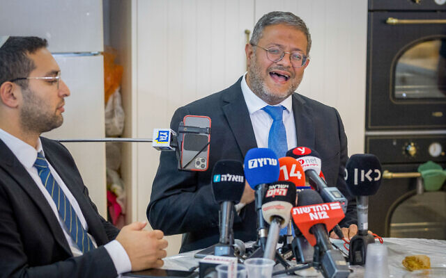 National Security Minister Itamar Ben Gvir gives a press statement during a meeting of his Otzma Yehudit party in the southern city of Sderot, May 3, 2023. (Flash90)