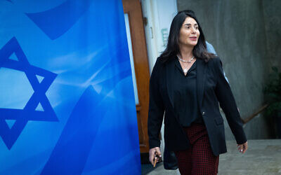 Transportation Minister Miri Regev arrives at a weekly cabinet meeting at the Prime Minister's Office in Jerusalem on May 7, 2023. (Yonatan Sindel/Flash90)