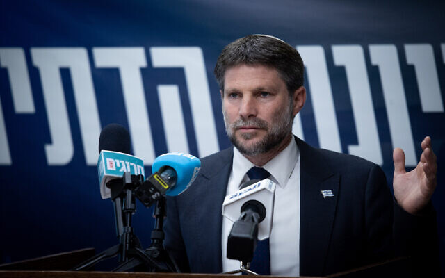 Finance Minister and Religious Zionism party chief Bezalel Smotrich leads his party's faction meeting at Jerusalem's Knesset, May 8, 2023. (Oren Ben Hakoon/ Flash90)