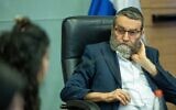 Degel Hatorah MK Moshe Gafni leads a Finance Committee meeting at the Knesset, in Jerusalem, on May 8, 2023. (Yonatan Sindel/Flash90)