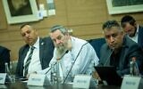 Noam chair MK Avi Maoz (center) and other lawmakers attend an Education, Culture, and Sports Committee meeting at the Knesset, in Jerusalem, on May 8, 2023. (Yonatan Sindel/Flash90