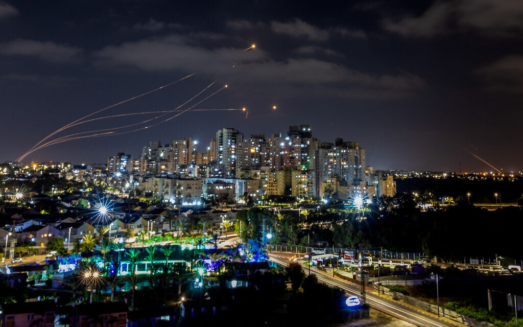 The Iron dome anti-missile system fires interception missiles after rockets are fired from the Gaza Strip into Israel, as seen from Ashkelon, on May 13, 2023. (Yossi Aloni/Flash90)