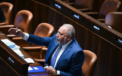 Yisrael Beytenu party chairman MK Avigdor Liberman attends a discussion and a vote in the assembly hall of the Knesset, in Jerusalem, on May 15, 2023. (Arie Leib Abrams/Flash90)