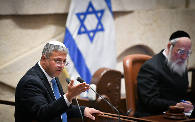 Minister of National Security Itamar Ben Gvir speaks during a discussion in the Knesset in Jerusalem, on May 15, 2023. Photo by (Arie Leib Abrams/Flash90)
