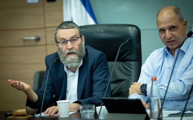 United Torah Judaism MK Moshe Gafni chairs a Knesset Finance Committee on May 15, 2023. (Yonatan Sindel/Flash90)