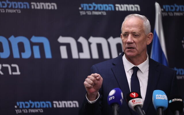 National Unity party leader Benny Gantz speaks during a faction meeting at the Knesset in Jerusalem, May 15, 2023. (Yonatan SIndel/Flash90)