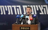 Finance Minister Bezalel Smotrich leads a Religious Zionism faction meeting at the Knesset in Jerusalem, May 15, 2023. (Yonatan Sindel/ Flash90)