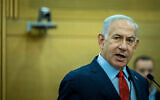 Prime Minister Benjamin Netanyahu leads a Likud faction meeting at the Knesset on May 15, 2023. (Yonatan Sindel/Flash90)