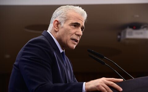 Opposition Leader Yair Lapid holds a press conference on the upcoming state budget, Tel Aviv, May 16, 2023. (Tomer Neuberg/Flash90)