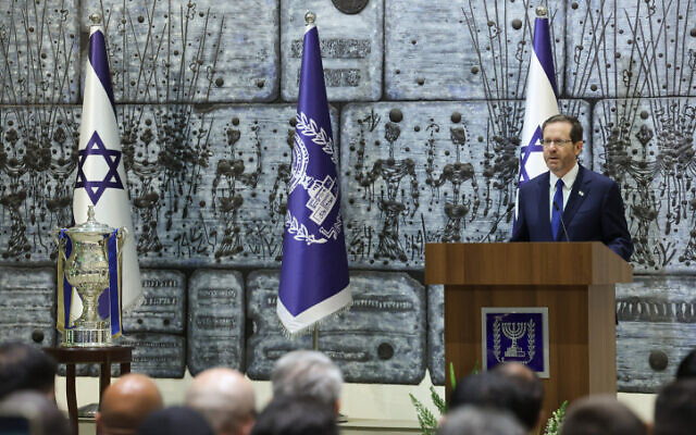 President Isaac Herzog at an event celebrating winners of the Israel Football State Cup, at the president's residence in Jerusalem on May 24, 2023. (Yonatan SIndel/Flash90)
