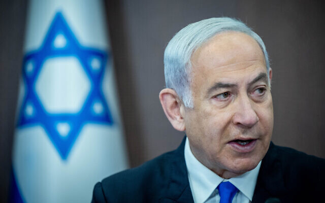 Prime Minister Benjamin Netanyahu leads the weekly cabinet meeting at his office in Jerusalem on May 28, 2023. (Yonatan Sindel/Flash90)
