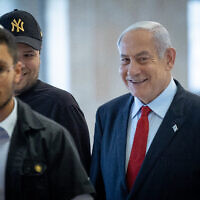 Prime Minister Benjamin Netanyahu arrives at Likud's Knesset faction meeting, May 29, 2023. (Yonatan Sindel/Flash90)