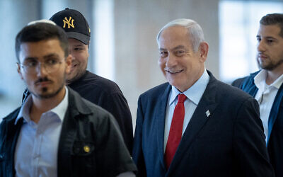 Prime Minister Benjamin Netanyahu arrives at Likud's Knesset faction meeting, May 29, 2023. (Yonatan Sindel/Flash90)
