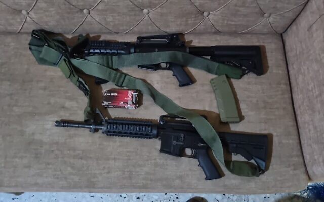Two M16 assault rifles seized by Israeli troops in the West Bank city of Nablus, May 9, 2023. (Israel Defense Forces)