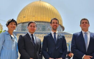 From right to left: Likud MKs Amit Halevi, Ariel Kallner and Dan Illouz with former MK Shuli Mualem on the Temple Mount on May 18, 2023. (Twitter/used in accordance with Clause 27a of the Copyright Law)