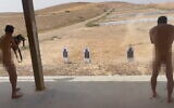 Two nude soldiers are seen at a firing range at the Nahal training base in southern Israel, May 18, 2023. (Video screenshot)