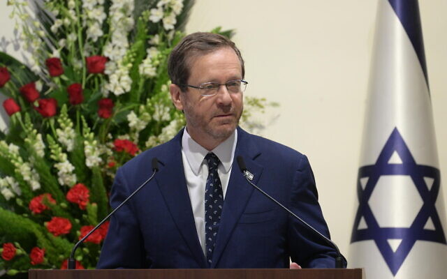 President Isaac Herzog speaks at his official residence in Jerusalem, May 8, 2023. (Amos Ben Gershom/GPO)