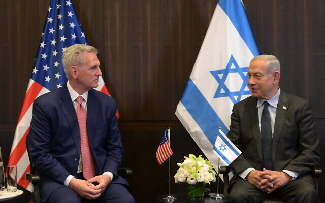 In this handout photo, Prime Minister Benjamin Netanyahu meets with US House Speaker Kevin McCarthy at the King David Hotel in Jerusalem, May 1, 2023. (Amos Ben Gershom/GPO)