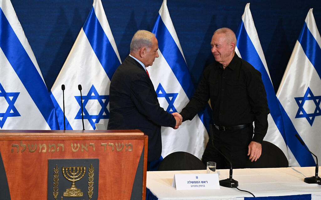 Prime Minister Benjamin Netanyahu (left) and Defense Minister Yoav Gallant at the end of a press conference, May 10, 2023. (Haim Zach / GPO)