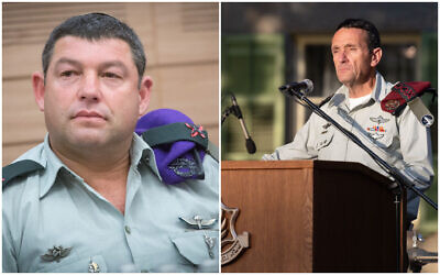 IDF chief Herzi Halevi (right) speaks at an award ceremony at the IDF headquarters in Tel Aviv, May 8, 2023. Brig. Gen. Ofer Winter (left) attends a Foreign Affairs and Defense Committee meeting at the Knesset, on October 22, 2018. (Israel Defense Forces; Miriam Alster/Flash90)