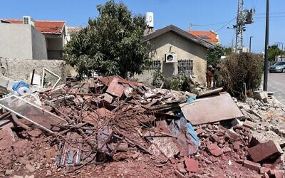 A home destroyed on the previous day from a Palestinian Islamic Jihad rocket, Ashkelon, May 11, 2023 (Carrie Keller-Lynn/The Times of Israel)