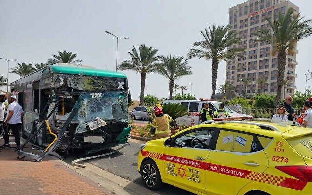 A bus that crashed into a wall in Haifa on May 22, 2023. (Magen David Adom)