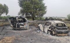 Cars burned in a large brush fire at Har Turan in the Galilee region, May 27, 2023 (Fire and Rescue Services)