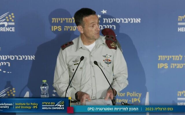 Military chief Lt. Gen. Herzi Halevi speaks at a conference hosted by the Institute for Policy and Strategy of Reichman University in Herzliya on May 23, 2023 (Screencapture)