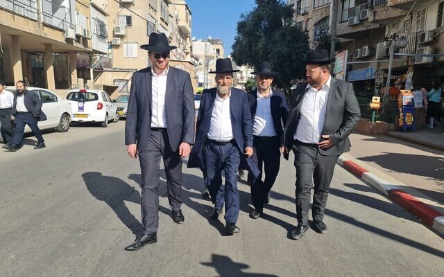 United Torah Judaism party MK Moshe Gafni attends the funeral of Rabbi Gershon Edelstein in Bnei Brak on May 30, 2023 (courtesy)