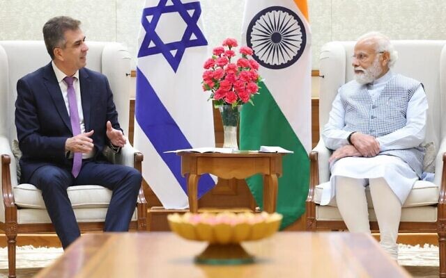 Foreign Minister Eli Cohen meets with Indian Prime Minister Narendra Modi in New Delhi on May 9, 2023. (Courtesy)