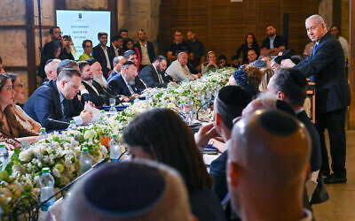 Prime Minister Benjamin Netanyahu addresses a cabinet meeting held in the Western Wall tunnels on May 21, 2023 (Kobi Gideon / GPO)