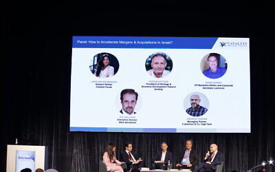 Investor panel discussing M&A in Israel at the GoforIsrael conference in Tel Aviv, May 3, 2023. (Shai Shviro/Courtesy)