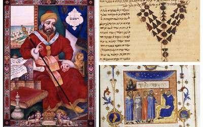 Clockwise from left: Arthur Szyk, Maimonides, New Canaan,1950, Watercolor and gouache on paper. (Collection of Yeshiva University Museum, gift of Louis Werner); Moses Maimonides' Commentary on the Mishnah, Egypt, after 1168. (The Bodleian Libraries, University of Oxford); Guide of the Perplexed, Barcelona, 1347 or 1348, by Moses Maimonides. (The Royal Danish Library, Copenhagen/ all images from the Yeshiva University Museum exhibition 'The Golden Path: Maimonides Across Eight Centuries')