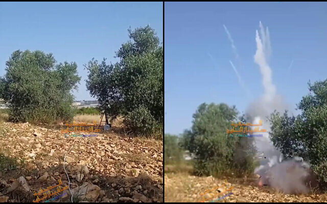 A clip circulating on social media purports to show a rocket launched from a northern West Bank village at the settlement of Shaked, May 24, 2023. (Screengrab)