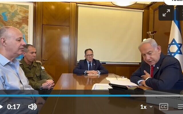 Prime Minister Benjamin Netanyahu seen in a call with southern mayors during a rocket attack from Gaza on May 110, 2023 (Screencapture)